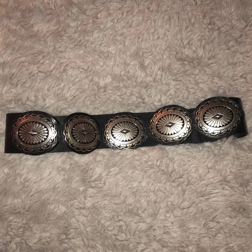 Chicos Black Leather boho silver belt buckle EUC M